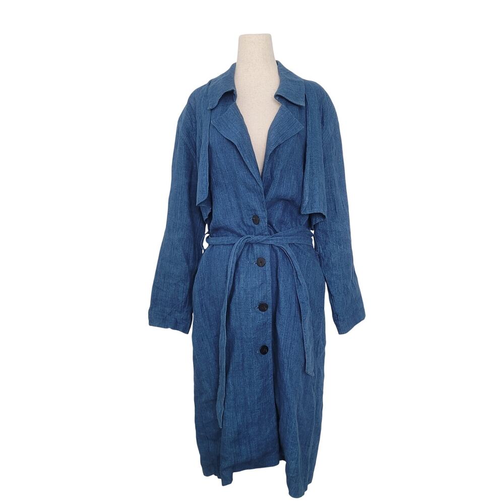 ILANA KOHN 100% Linen Trench Coat Size XS Blue Belted Old Money Capsule Preppy